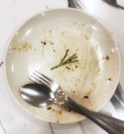 High angle view of pasta in plate on table