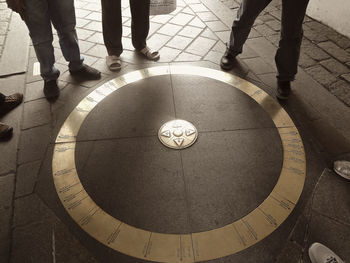 High angle view of directional sign surrounded by people