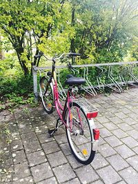 Bicycle parked by tree