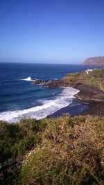 Scenic view of sea against clear blue sky