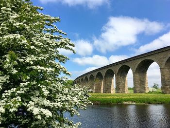 Arch bridge over river against sky