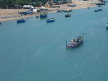 High angle view of boats sailing in sea