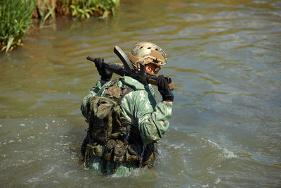 High angle view of boy in water