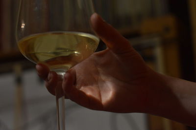 Close-up of hand holding glass of wine