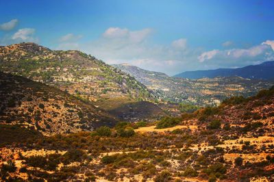 Scenic view of mountains and landscape against sky