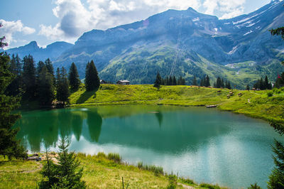 Scenic view of lake and mountains against sky