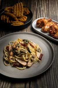 High angle view of food in plate on table