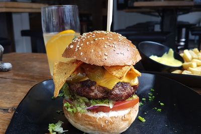 Close-up of burger on table