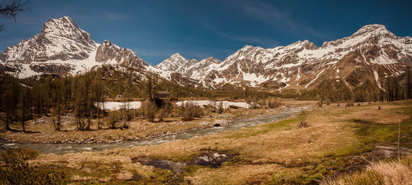 Scenic view of snowcapped mountains against sky