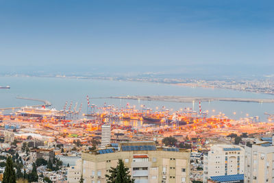 High angle view of buildings against sky