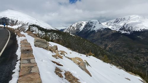 Scenic view of snow covered mountains