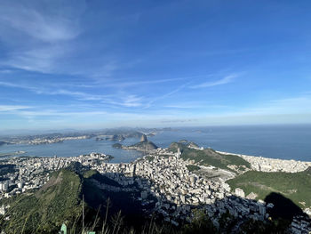 High angle view of sea against blue sky