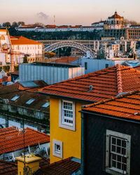 High angle view of buildings against sky in city during sunset