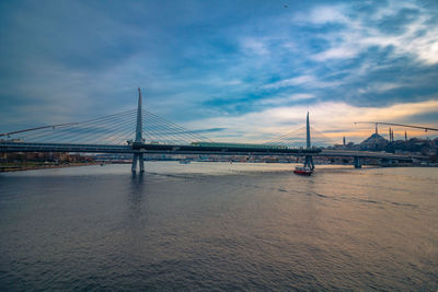 View of suspension bridge over sea against cloudy sky