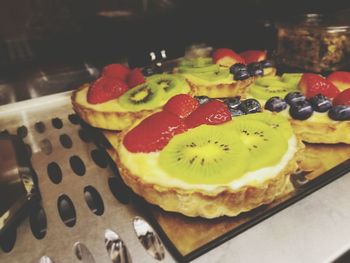 Close-up of cake served on table