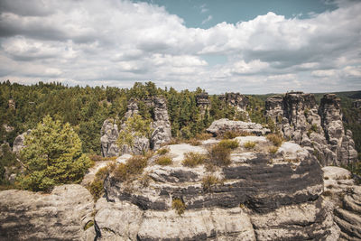 Panoramic view of rocks on landscape against sky