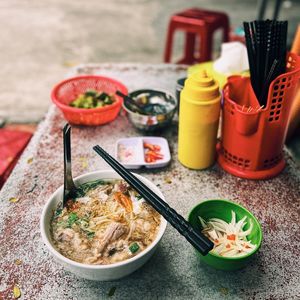 High angle view of food on table