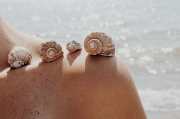Close-up of seashells on woman shoulder at beach during sunny day