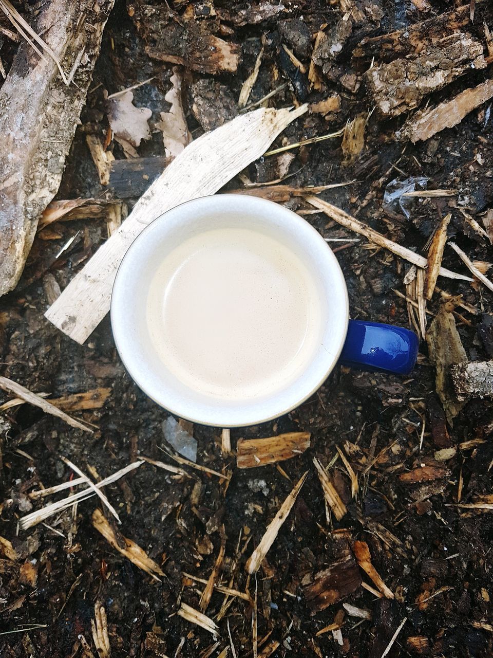 HIGH ANGLE VIEW OF COFFEE CUP AND BLACK ON FIELD