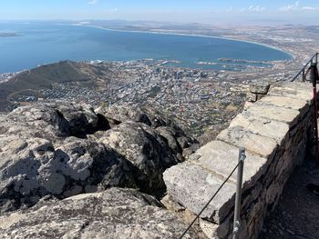 High angle view of rocks and sea against sky