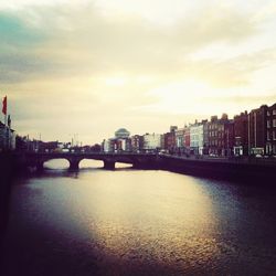 Bridge over river with cityscape in background