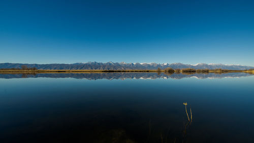 Scenic view of lake against blue sky