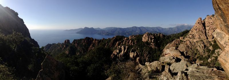 Panoramic view of mountains against clear sky