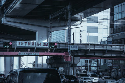 Train on bridge in city