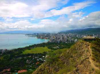 Scenic view of sea and buildings against sky