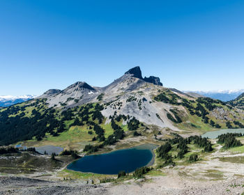 Scenic view of mountains against clear blue sky