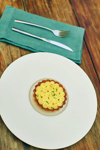 High angle view of food in plate on table