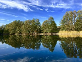 Reflection of trees in lake against sky