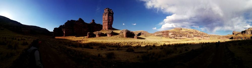 Panoramic view of rock formations on landscape against sky