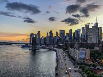 Panoramic view of bridge and buildings against sky during sunset