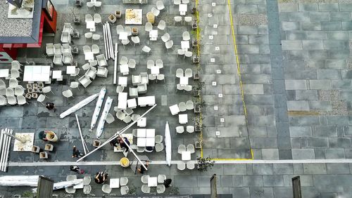 High angle view of steps amidst buildings in city