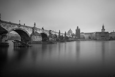 Bridge over river with buildings in background