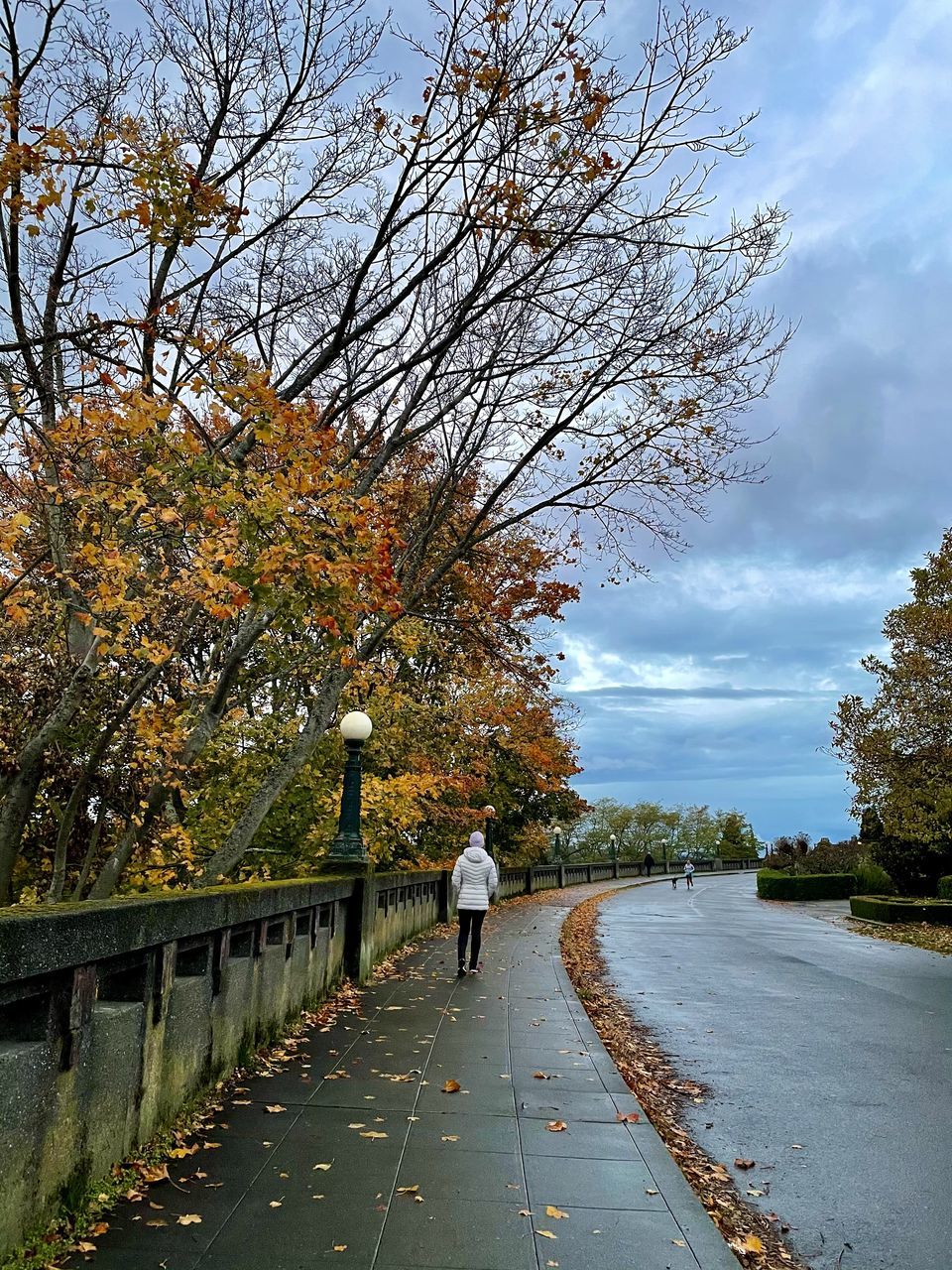 WOMAN WALKING ON FOOTPATH BY ROAD AGAINST SKY