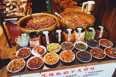 High angle view of food for sale at market stall