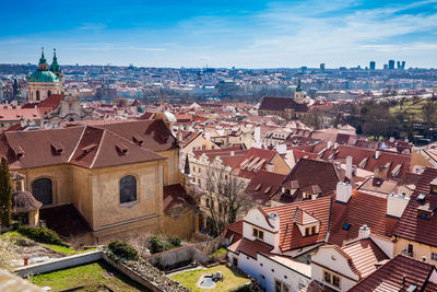 Prague city seen from the petrin gardens at the begining of spring