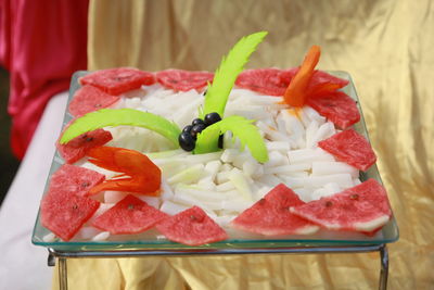 Close-up of strawberries in plate on table