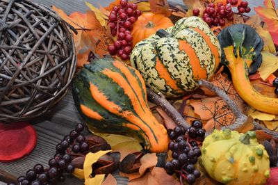 Various pumpkins on table