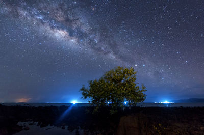 View of star field over beach at night