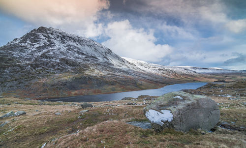 Scenic view of snowcapped mountains against sky