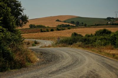Dirt road amidst landscape against sky