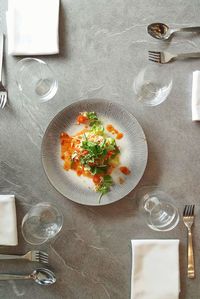 Directly above shot of meal served on table