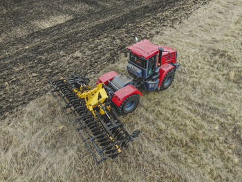 High angle view of tractor on field