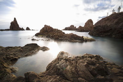 Rocks in sea against sky