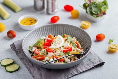 High angle view of meal served on table