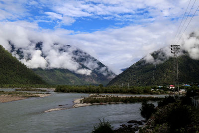 Scenic view of lake and mountains against sky