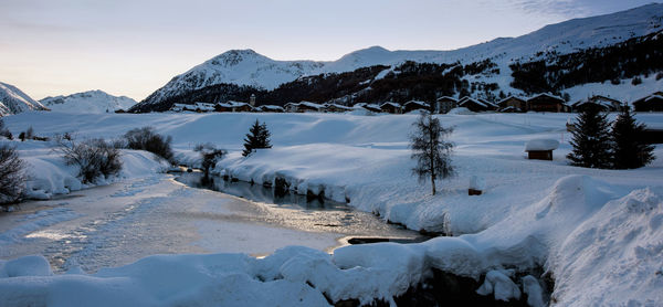 Scenic view of snow covered mountains against sky